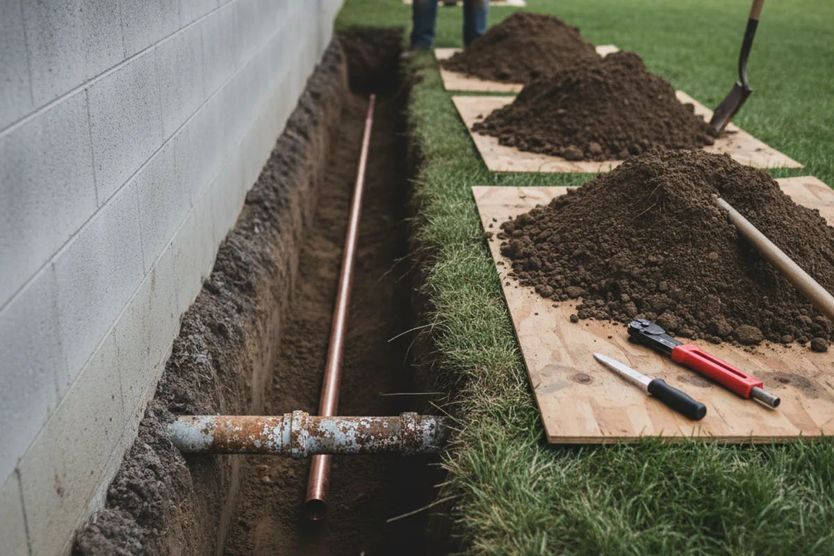 Excavated water line trench during Sewer Line Repair in Lakeside